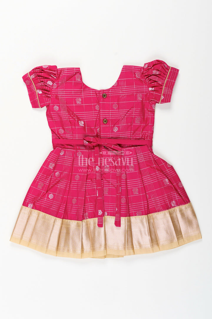 The Nesavu Girls Kanchi Silk Frock Girls Indian Frock in Semi Kanchivaram Silk with Thread Embroidery and Lace Embellished Dupatta Nesavu Nesavu Girls Indian Frock in Semi Kanchivaram Silk with Embroidery and Lace Embellished Dupatta