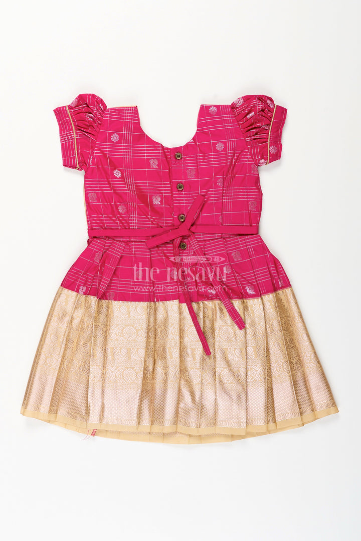 The Nesavu Girls Kanchi Silk Frock Girls Indian Frock in Semi Kanchivaram Silk with Thread Embroidery and Lace Embellished Dupatta Nesavu Nesavu Girls Indian Frock in Semi Kanchivaram Silk with Embroidery and Lace Embellished Dupatta