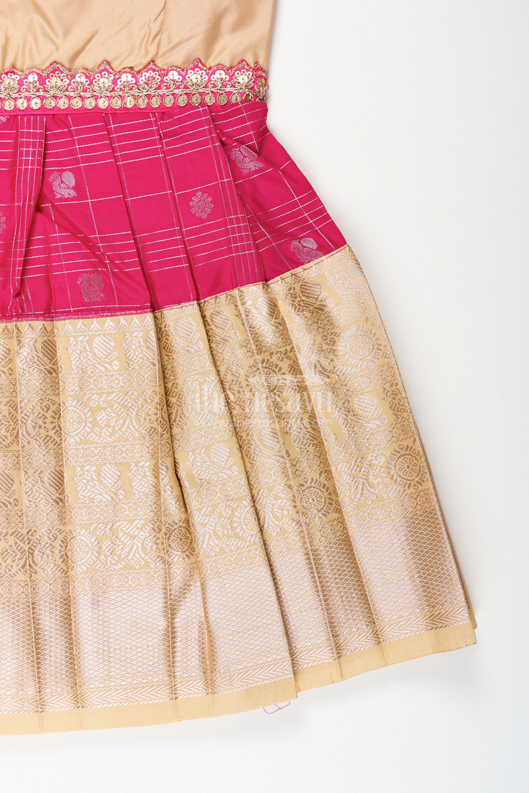 The Nesavu Girls Kanchi Silk Frock Girls Indian Frock in Semi Kanchivaram Silk with Thread Embroidery and Lace Embellished Dupatta Nesavu Nesavu Girls Indian Frock in Semi Kanchivaram Silk with Embroidery and Lace Embellished Dupatta