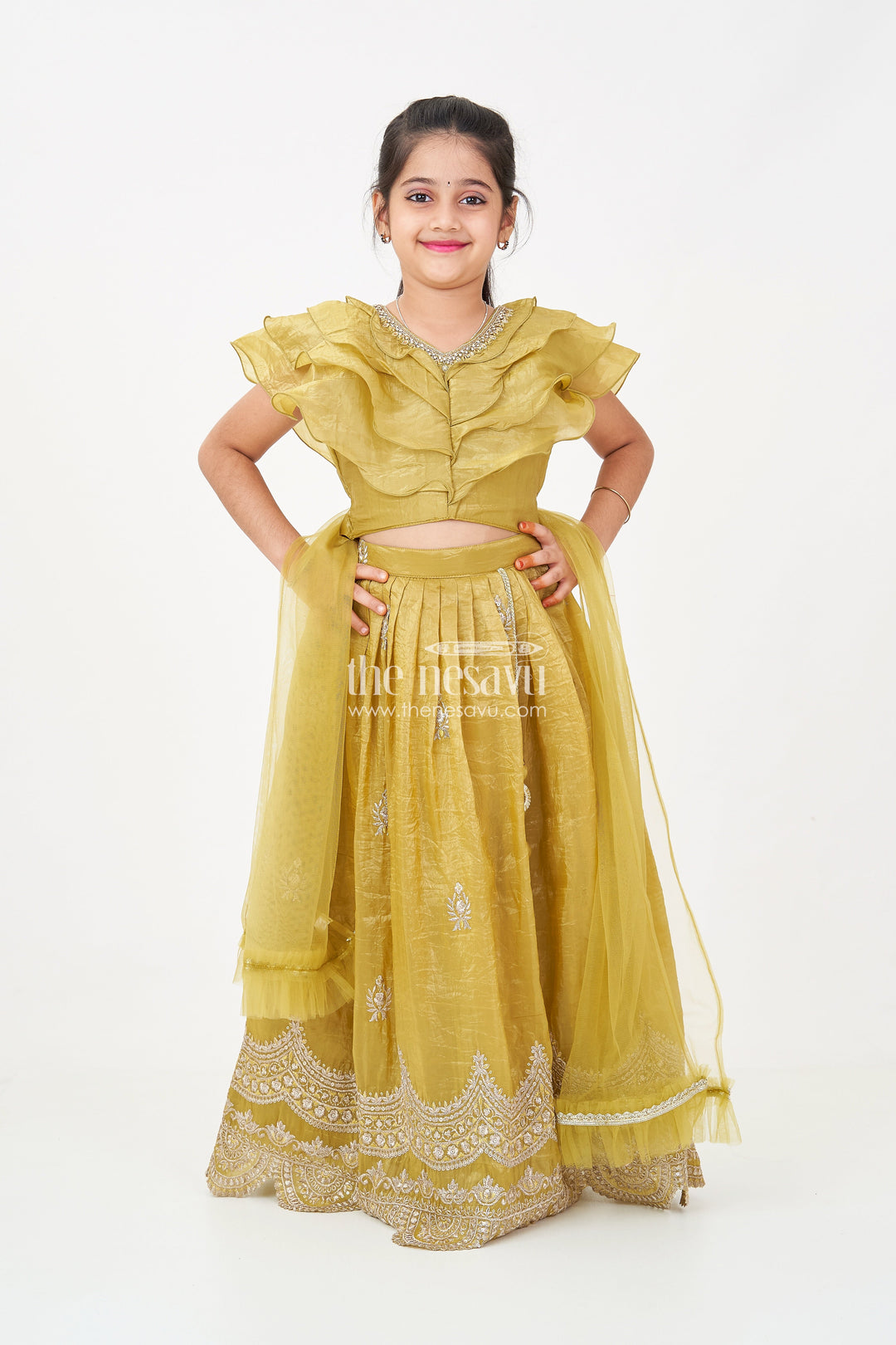 The Nesavu Girls Lehenga Choli Girls Indian Traditional Wear in Olive Green Organza with Zari Embroidered Lehenga and Ruffle Top Nesavu 24 (5Y) / Green GL628A-24 Nesavu Girls Indian Traditional Wear with Olive Green Zari Embroidered Organza Lehenga and Ruffle Top
