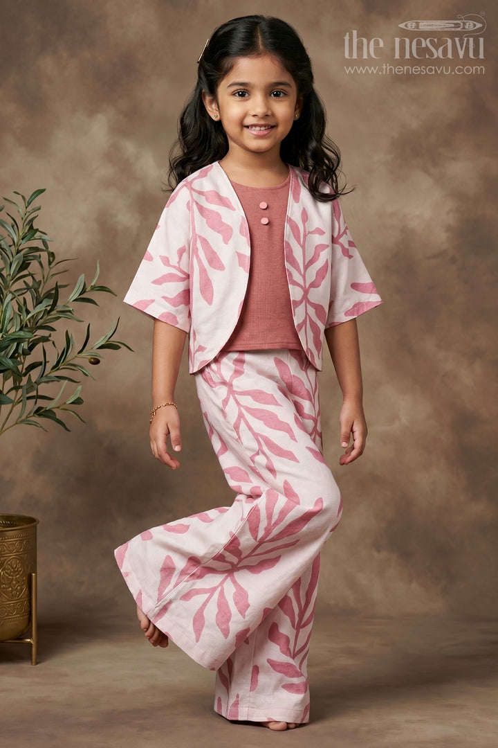 The Nesavu Girls Sharara / Plazo Set Girls Indo-Western Plazo Set with Leaf Digital Print Nesavu 22 (4Y) / Peach GPS810A-22 Nesavu girls plazo set leaf print cape jacket  stylish Indo-western outfit