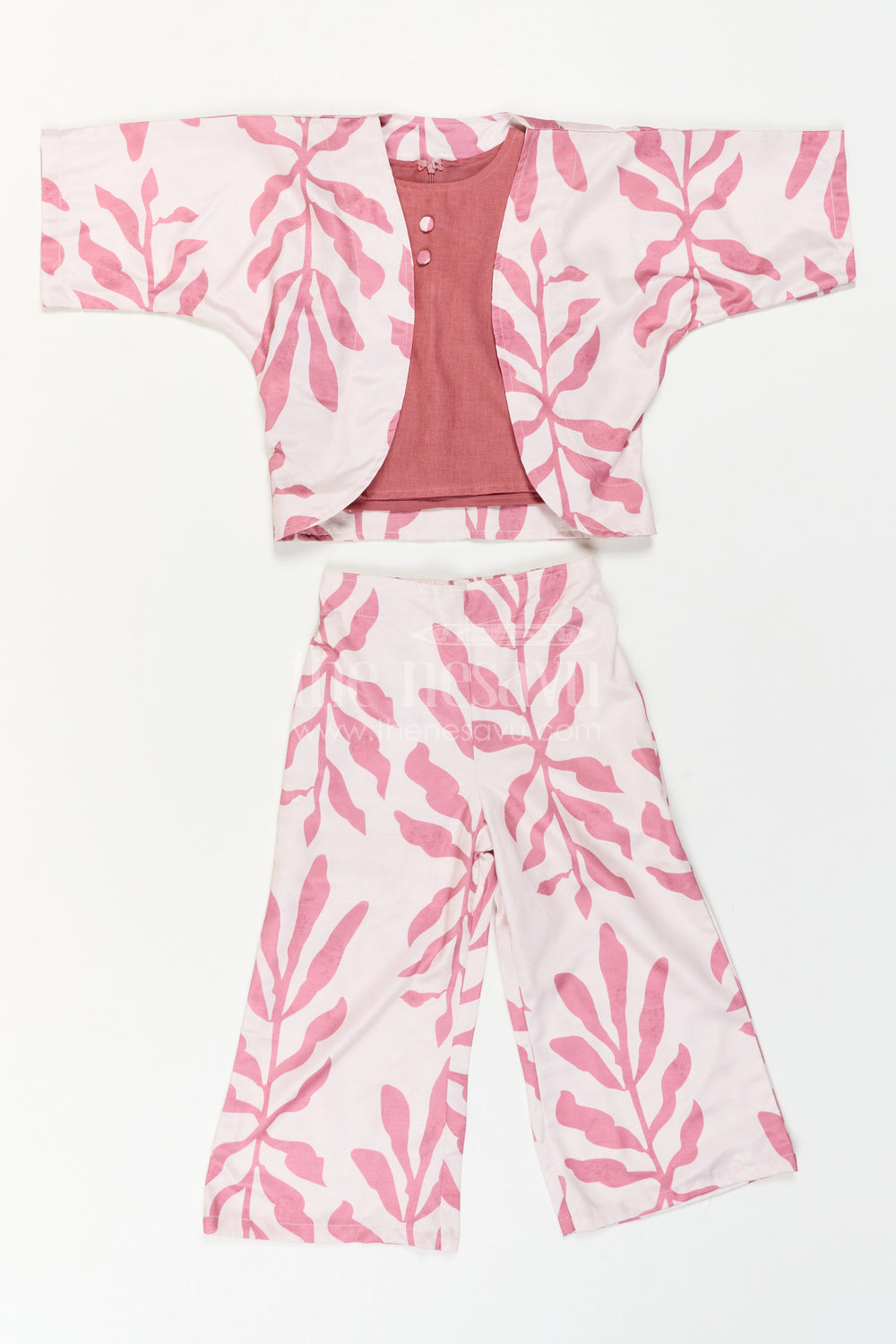 The Nesavu Girls Sharara / Plazo Set Girls Indo-Western Plazo Set with Leaf Digital Print Nesavu Nesavu girls plazo set leaf print cape jacket  stylish Indo-western outfit