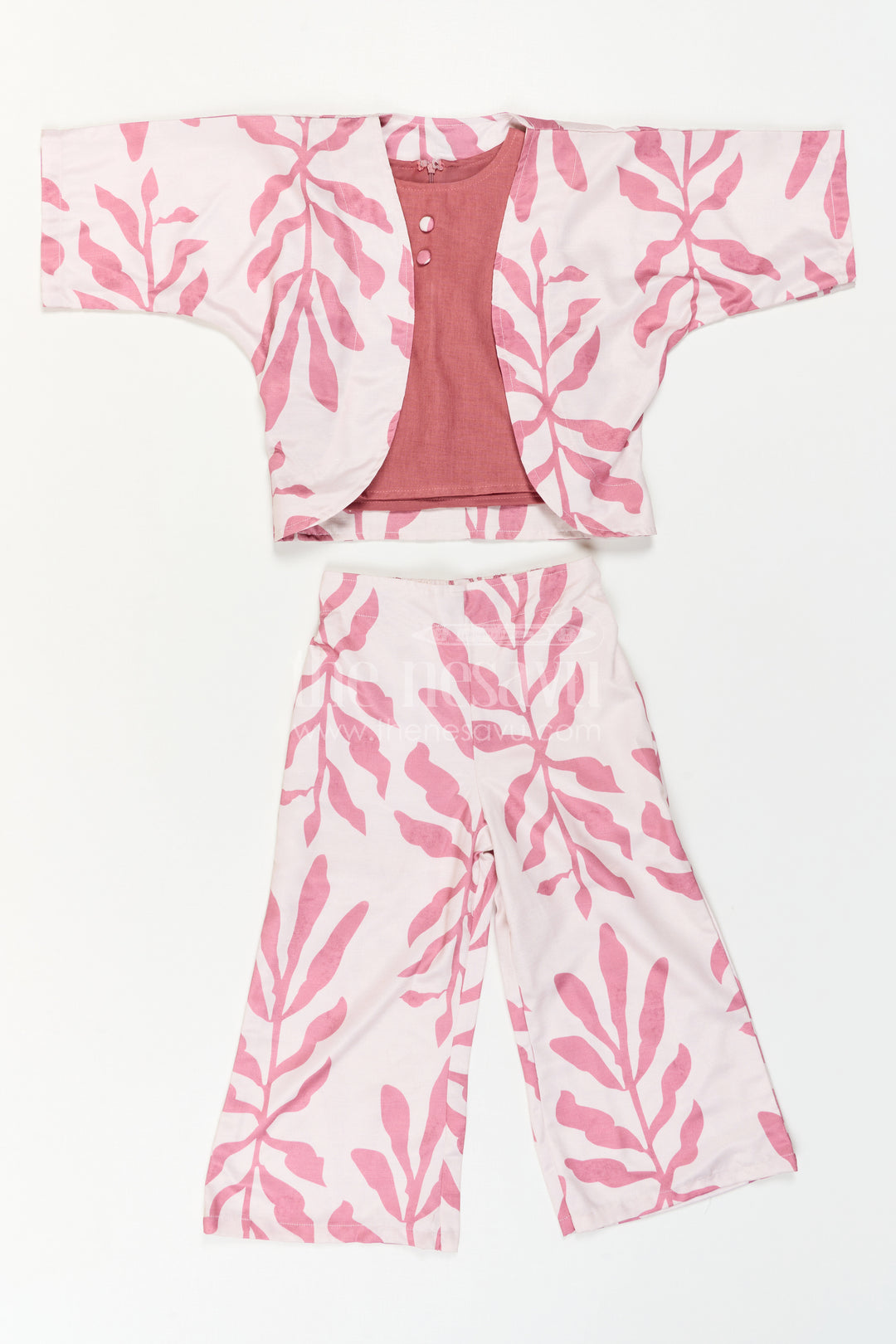 The Nesavu Girls Sharara / Plazo Set Girls Indo-Western Plazo Set with Leaf Digital Print Nesavu Nesavu girls plazo set leaf print cape jacket  stylish Indo-western outfit