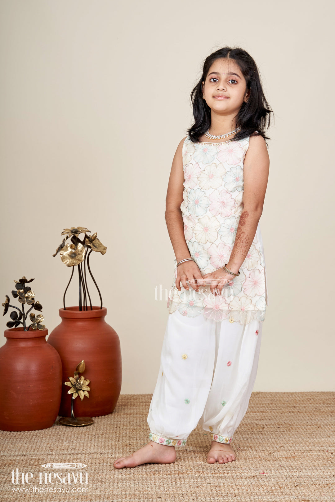 The Nesavu Girls Sharara / Plazo Set Girls Ivory Floral Sharara Set With Pastel Thread Embroidery Nesavu 16 (1Y) / Cream GPS691A-16 Nesavu Ivory Floral Sharara Set Pastel Embroidery Girls Festive Occasions
