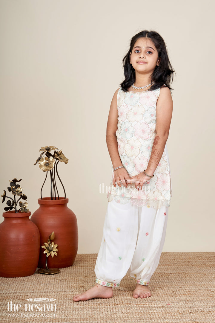 The Nesavu Girls Sharara / Plazo Set Girls Ivory Floral Sharara Set With Pastel Thread Embroidery Nesavu 16 (1Y) / Cream GPS691A-16 Nesavu Ivory Floral Sharara Set Pastel Embroidery Girls Festive Occasions