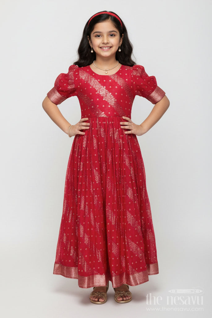 The Nesavu Girls Party Gown Girls Jacquard Party Gown for Weddings and Festive Events Nesavu 24 (5Y) / Red GA373A-24 Nesavu girls georgette jacquard party gown woven motifs wedding festive occasions