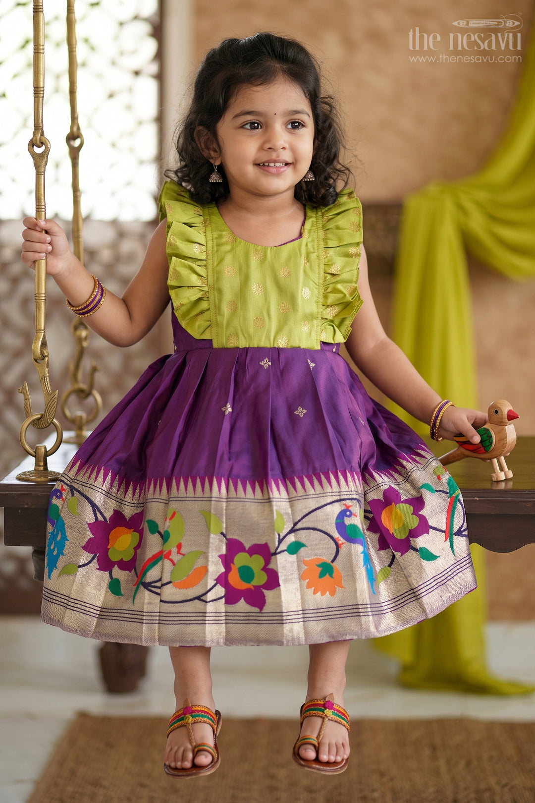 The Nesavu Girls Kanchi Silk Frock Girls Kanchi Silk Frock for Festive Celebrations and Wedding Functions Nesavu 14 (6M) / Purple / Kanchi Silk KSF040GA-14 Nesavu Girls Kanchi Silk Frock With Paithani Border For Weddings And Festive Celebrations KSF040GA-14