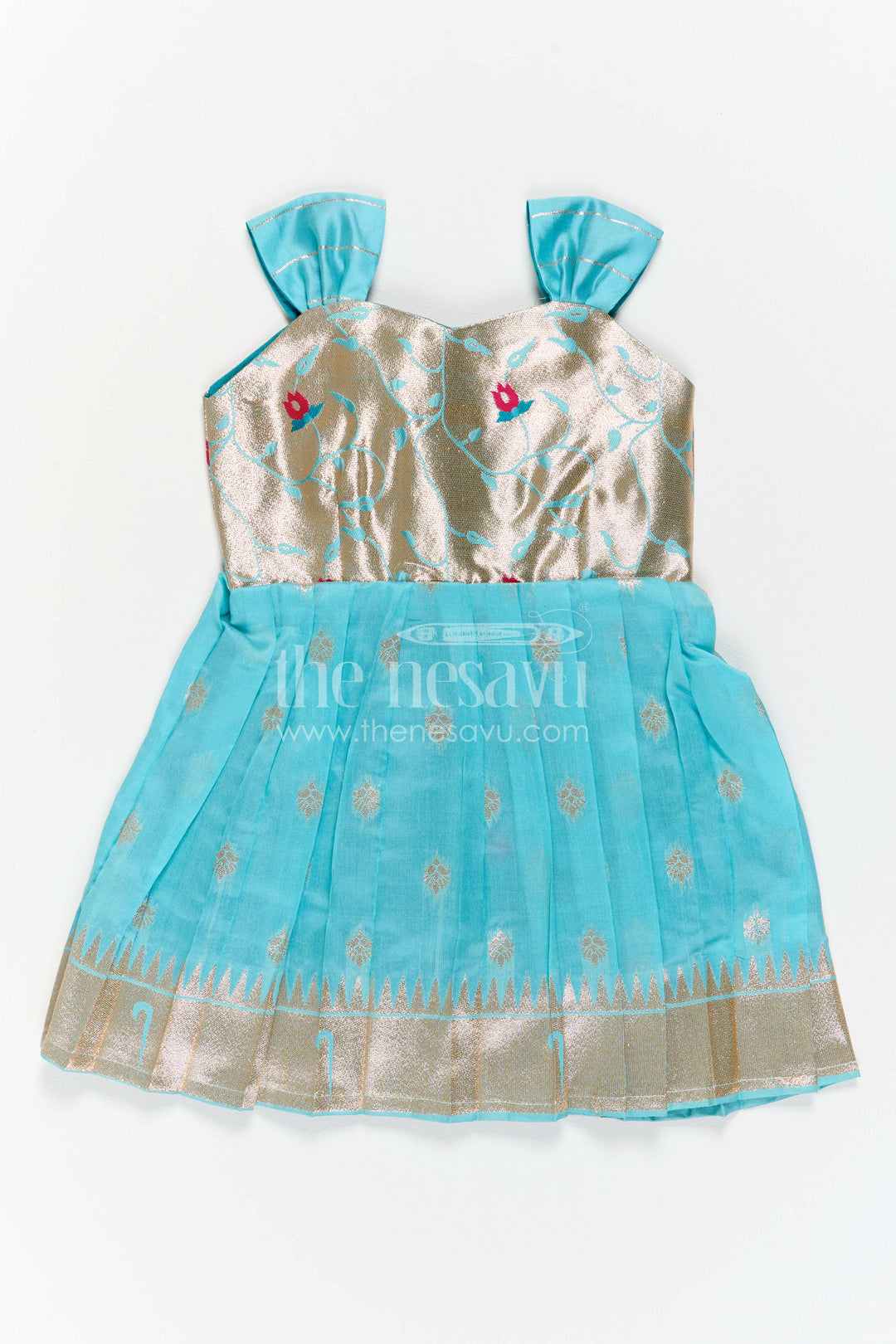 The Nesavu Girls Kanchi Silk Frock Girls Kanchi Silk Frock for Festive Photos and Pooja Nesavu 18 (2Y) / Blue / Style 2 KSF059AB-18 Nesavu Girls Kanchi Silk Frock For Festive Photos And Pooja With Paithani Yoke KSF059AB-18