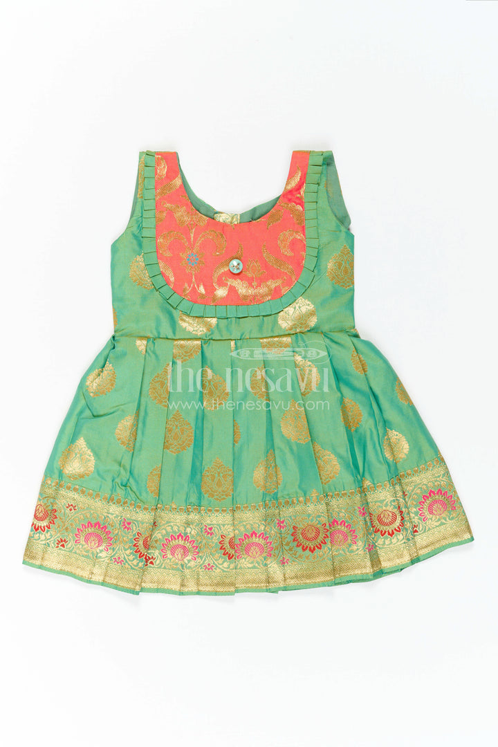 The Nesavu Girls Kanchi Silk Frock Girls Kanchi Silk Frock for Festive Photos and Traditional Celebrations Nesavu 16 (1Y) / Green / Style 3 KSF042DC-16 Nesavu Girls Kanchi Silk Frock With Grand Woven Border For Festive Celebrations And Weddings