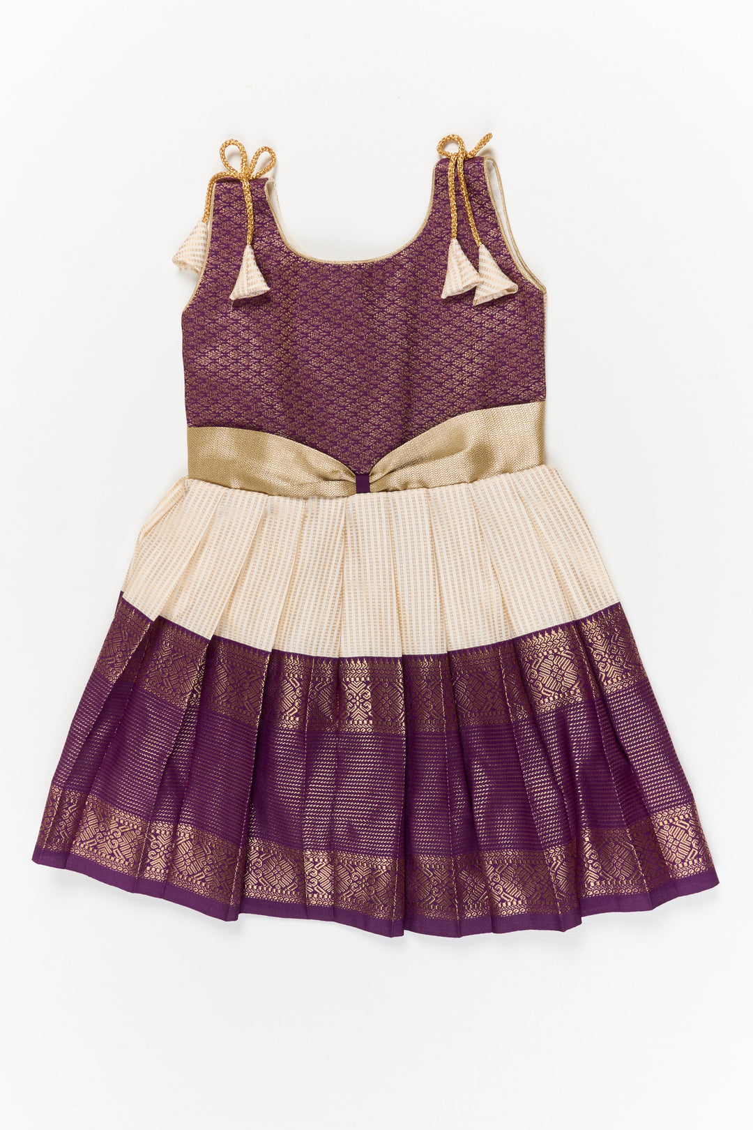 The Nesavu Girls Kanchi Silk Frock Girls Kanchi Silk Frock for Festive Weddings and Receptions Nesavu 18 (2Y) / Gold / Style 1 KSF021CA-18 Nesavu girls kanchi silk frock for weddings in semi designer kanchivaram saree inspired style