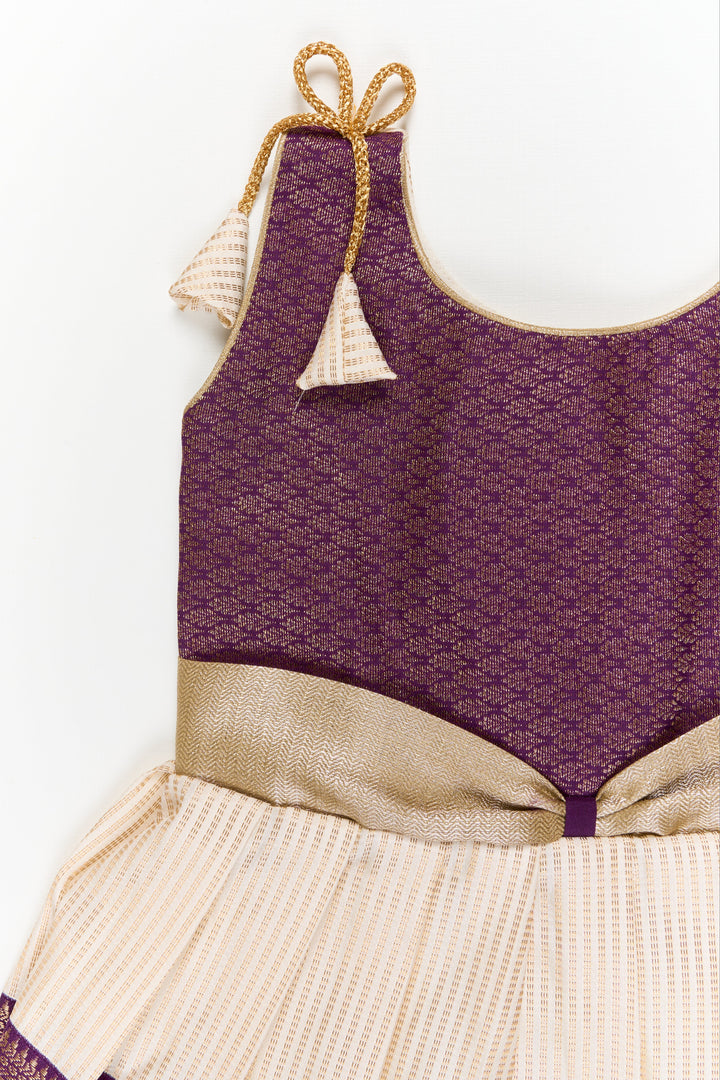 The Nesavu Girls Kanchi Silk Frock Girls Kanchi Silk Frock for Festive Weddings and Receptions Nesavu Nesavu girls kanchi silk frock for weddings in semi designer kanchivaram saree inspired style