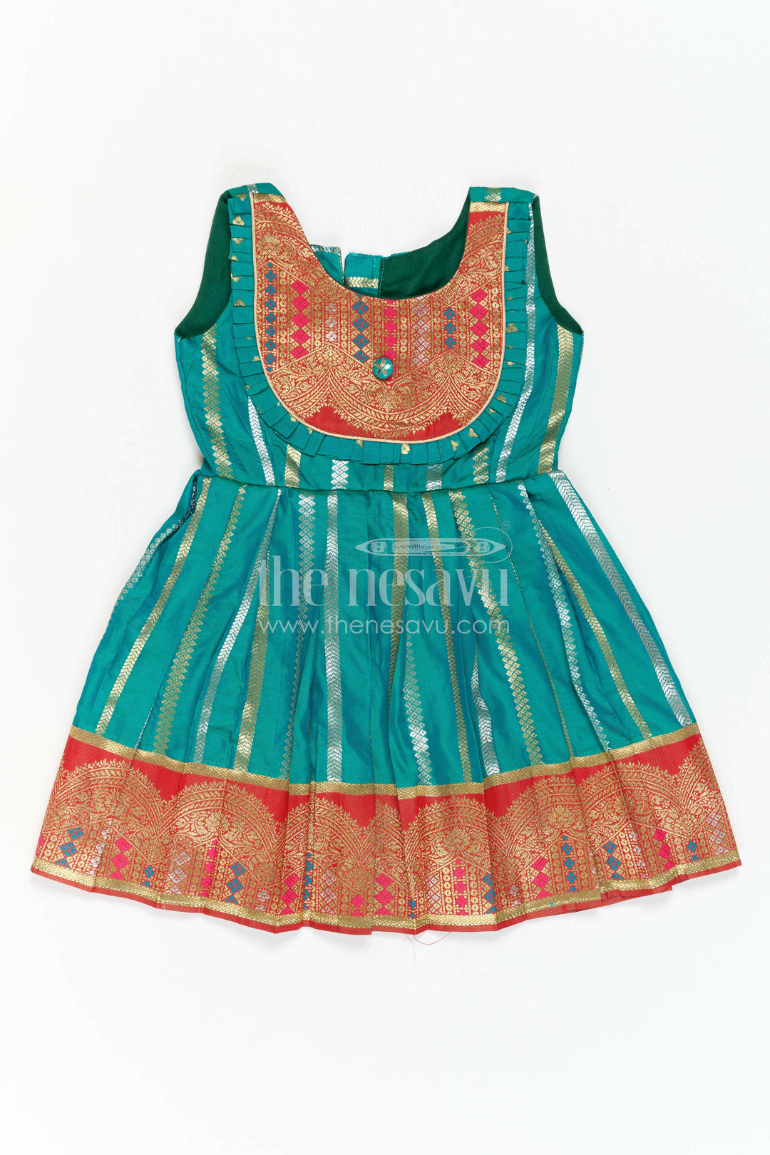 The Nesavu Girls Kanchi Silk Frock Girls Kanchi Silk Frock for Temple Festivals and Family Celebrations Nesavu 16 (1Y) / Green / Style 3 KSF046EC-16 Nesavu Girls Kanchi Silk Frock With Grand Traditional Border For Festivals And Family Occasions