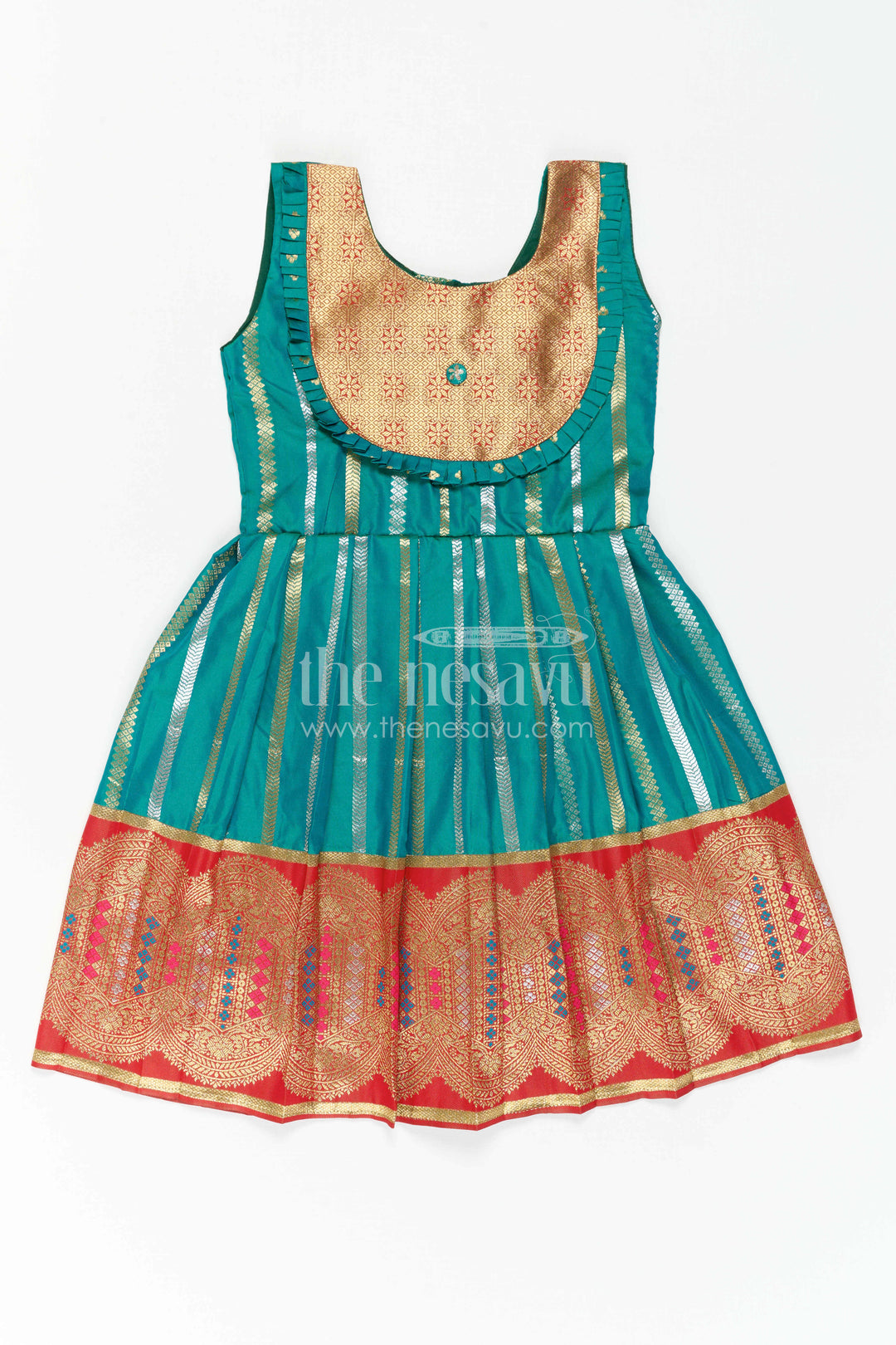 The Nesavu Girls Kanchi Silk Frock Girls Kanchi Silk Frock for Temple Festivals and Family Celebrations Nesavu 20 (3Y) / Green / Style 1 KSF046EA-20 Nesavu Girls Kanchi Silk Frock With Grand Traditional Border For Festivals And Family Occasions