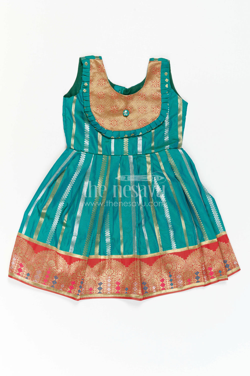 The Nesavu Girls Kanchi Silk Frock Girls Kanchi Silk Frock for Temple Festivals and Family Celebrations Nesavu 20 (3Y) / Green / Style 2 KSF046EB-20 Nesavu Girls Kanchi Silk Frock With Grand Traditional Border For Festivals And Family Occasions