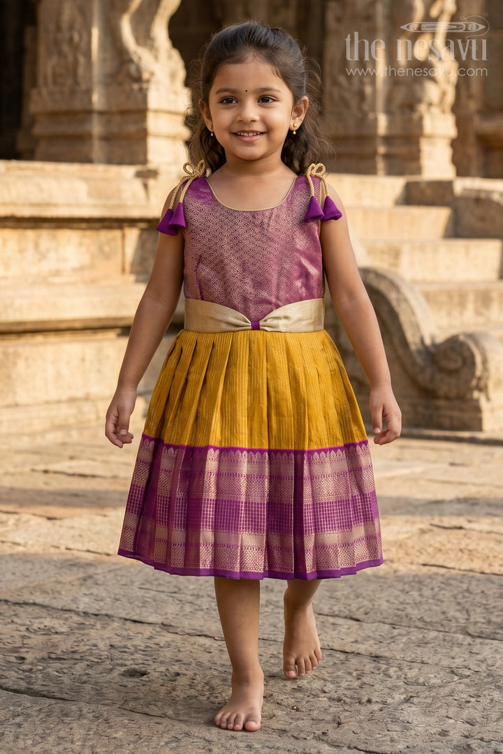 The Nesavu Girls Kanchi Silk Frock Girls Kanchi Silk Frock for Temple Festivals and Weddings Nesavu Nesavu girls kanchi silk frock for temple festivals in semi temple wear kanchivaram silk design