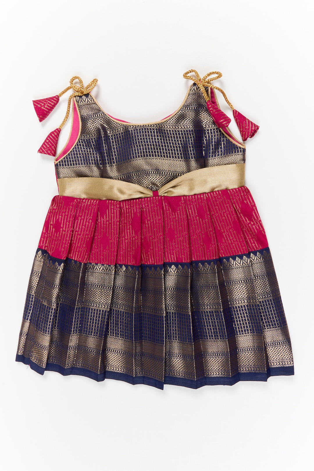 The Nesavu Girls Kanchi Silk Frock Girls Kanchi Silk Frock for Temple Functions and Festivals Nesavu 10 (NB) / Pink / Style 4 KSF031AD-10 Nesavu girls kanchi silk frock for temple functions in semi temple wear kanchivaram silk design