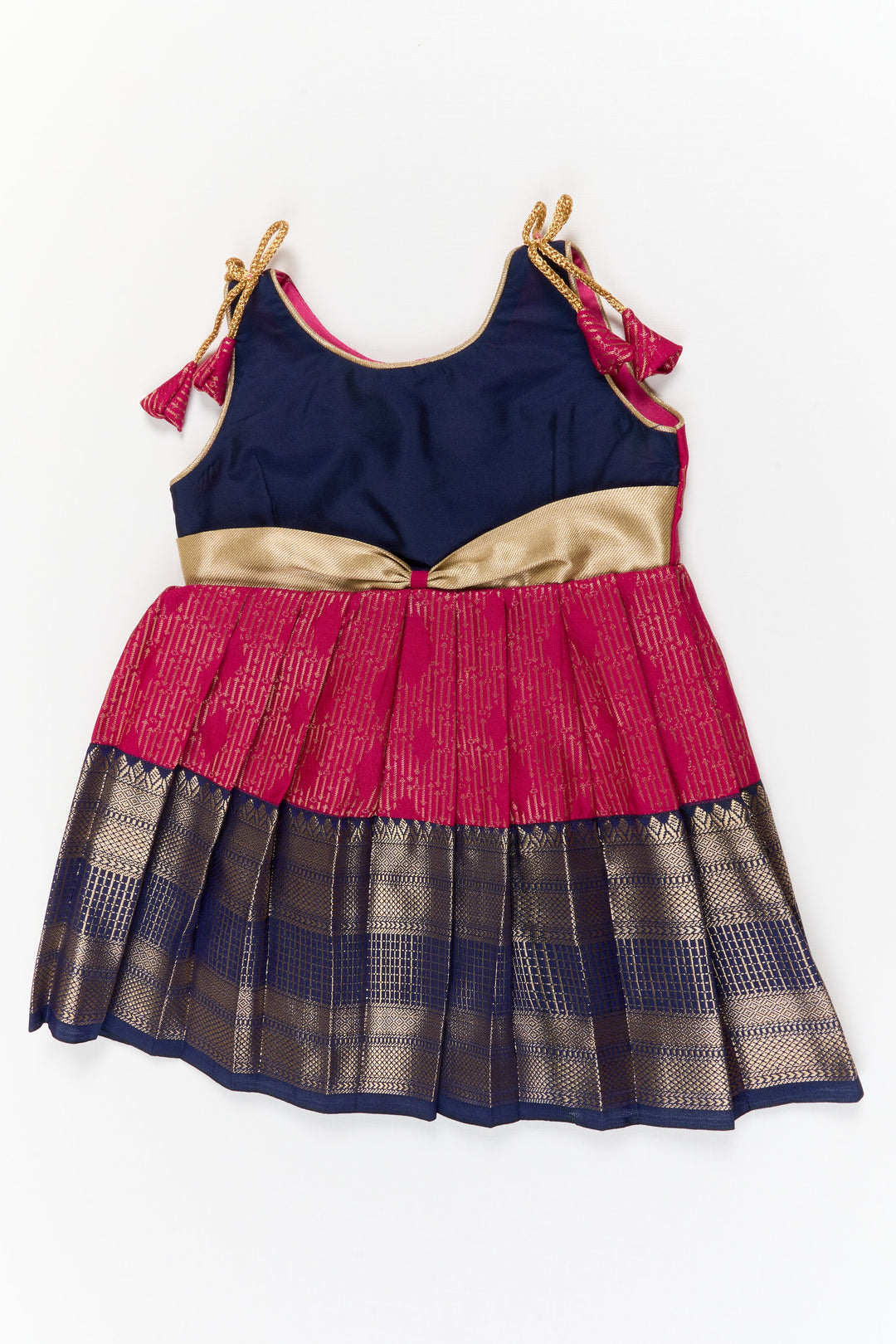 The Nesavu Girls Kanchi Silk Frock Girls Kanchi Silk Frock for Temple Functions and Festivals Nesavu 14 (6M) / Pink / Style 3 KSF031AC-14 Nesavu girls kanchi silk frock for temple functions in semi temple wear kanchivaram silk design