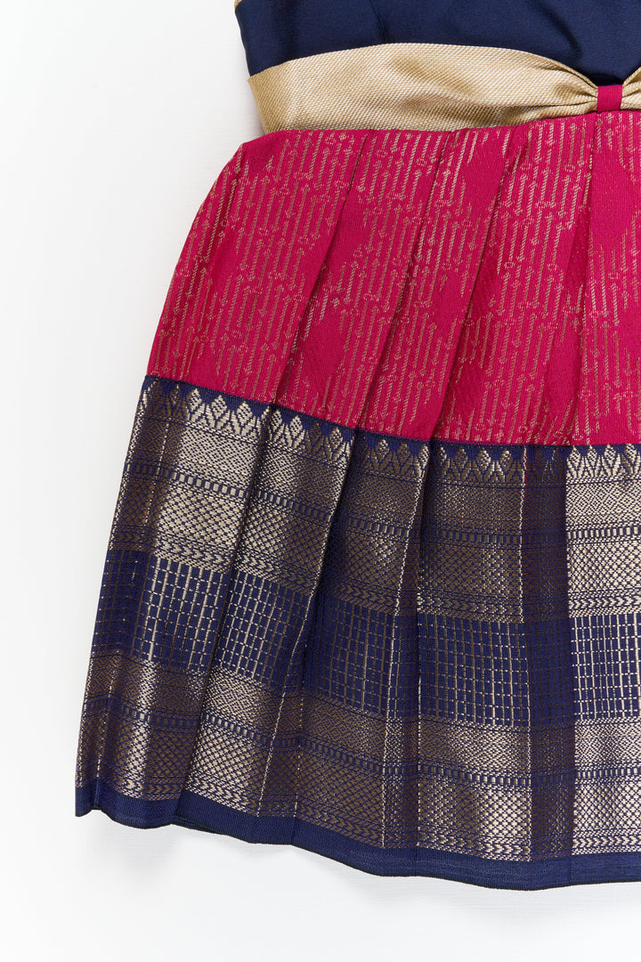 The Nesavu Girls Kanchi Silk Frock Girls Kanchi Silk Frock for Temple Functions and Festivals Nesavu Nesavu girls kanchi silk frock for temple functions in semi temple wear kanchivaram silk design