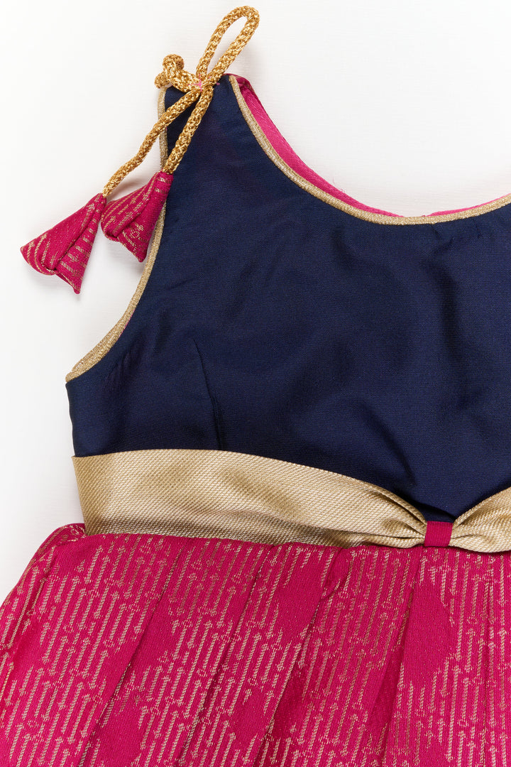 The Nesavu Girls Kanchi Silk Frock Girls Kanchi Silk Frock for Temple Functions and Festivals Nesavu Nesavu girls kanchi silk frock for temple functions in semi temple wear kanchivaram silk design