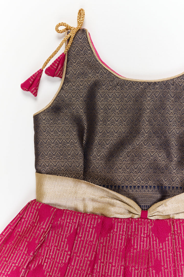 The Nesavu Girls Kanchi Silk Frock Girls Kanchi Silk Frock for Temple Functions and Festivals Nesavu Nesavu girls kanchi silk frock for temple functions in semi temple wear kanchivaram silk design