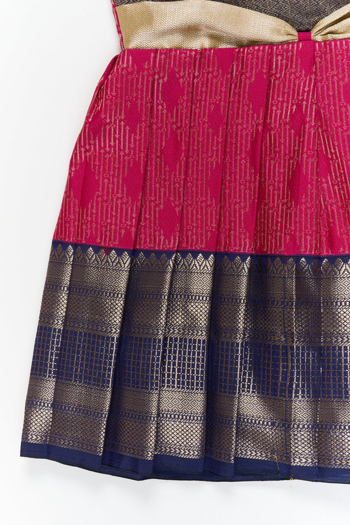 The Nesavu Girls Kanchi Silk Frock Girls Kanchi Silk Frock for Temple Functions and Festivals Nesavu Nesavu girls kanchi silk frock for temple functions in semi temple wear kanchivaram silk design