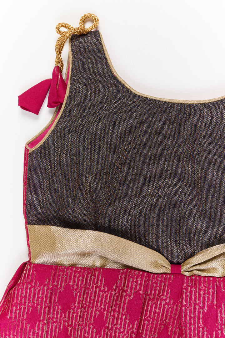 The Nesavu Girls Kanchi Silk Frock Girls Kanchi Silk Frock for Temple Functions and Festivals Nesavu Nesavu girls kanchi silk frock for temple functions in semi temple wear kanchivaram silk design