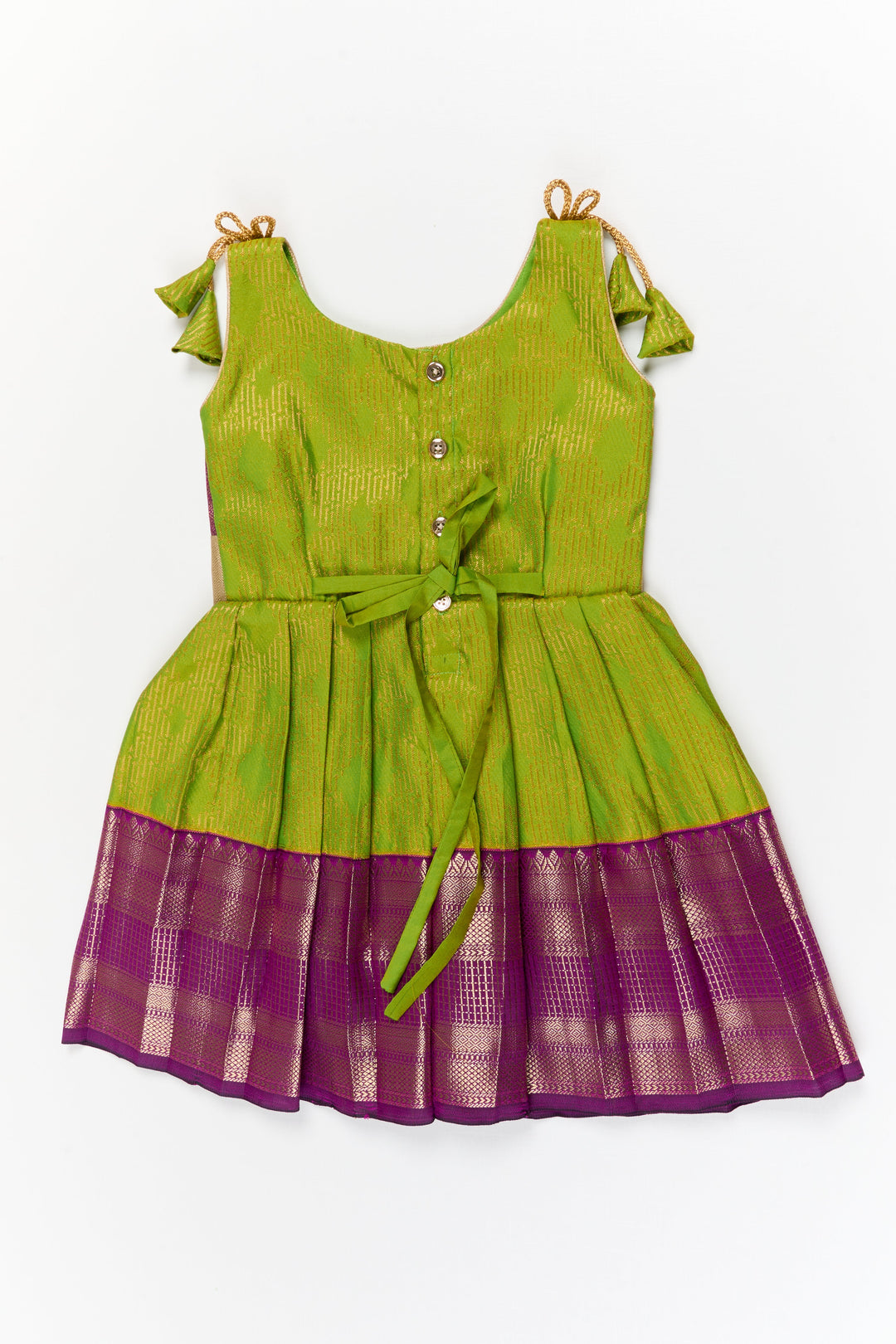 The Nesavu Girls Kanchi Silk Frock Girls Kanchi Silk Frock for Temple Functions and Festive Events Nesavu Nesavu girls silk frock for temple functions in semi temple wear kanchivaram silk design