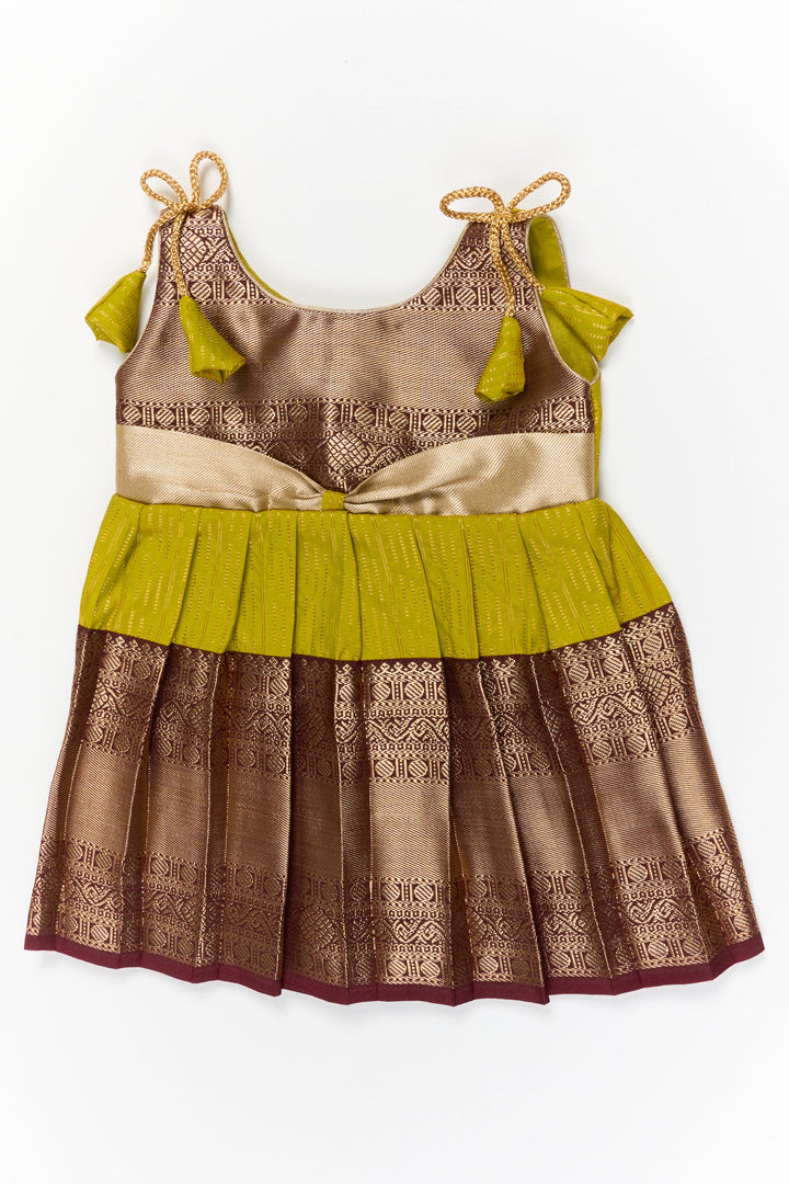 The Nesavu Girls Kanchi Silk Frock Girls Kanchi Silk Frock for Temple Visits and Festive Events Nesavu 10 (NB) / Green / Style 4 KSF020AD-10 Nesavu girls kanchi silk frock for temple visits in semi jacquard kanchivaram silk design