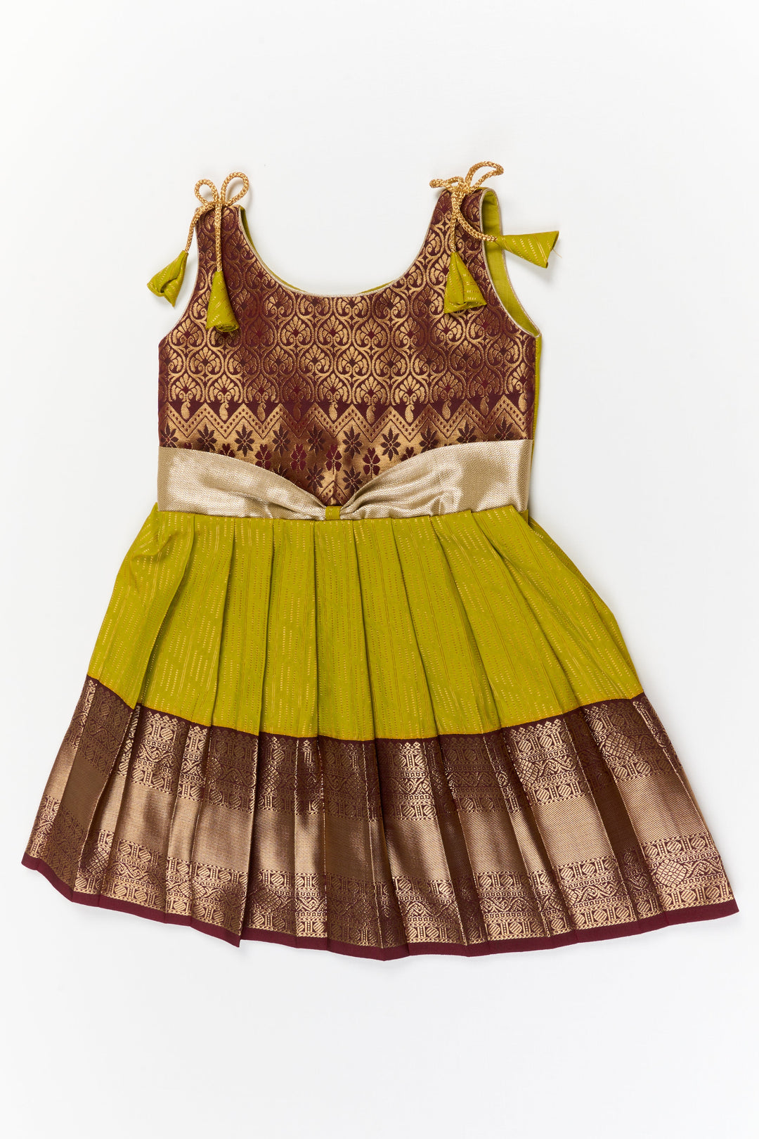 The Nesavu Girls Kanchi Silk Frock Girls Kanchi Silk Frock for Temple Visits and Festive Events Nesavu 20 (3Y) / Green / Style 2 KSF020AB-20 Nesavu girls kanchi silk frock for temple visits in semi jacquard kanchivaram silk design