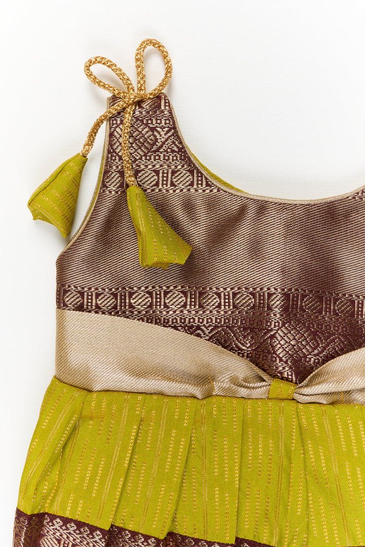 The Nesavu Girls Kanchi Silk Frock Girls Kanchi Silk Frock for Temple Visits and Festive Events Nesavu Nesavu girls kanchi silk frock for temple visits in semi jacquard kanchivaram silk design