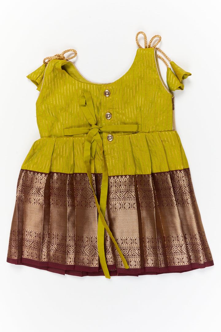 The Nesavu Girls Kanchi Silk Frock Girls Kanchi Silk Frock for Temple Visits and Festive Events Nesavu Nesavu girls kanchi silk frock for temple visits in semi jacquard kanchivaram silk design