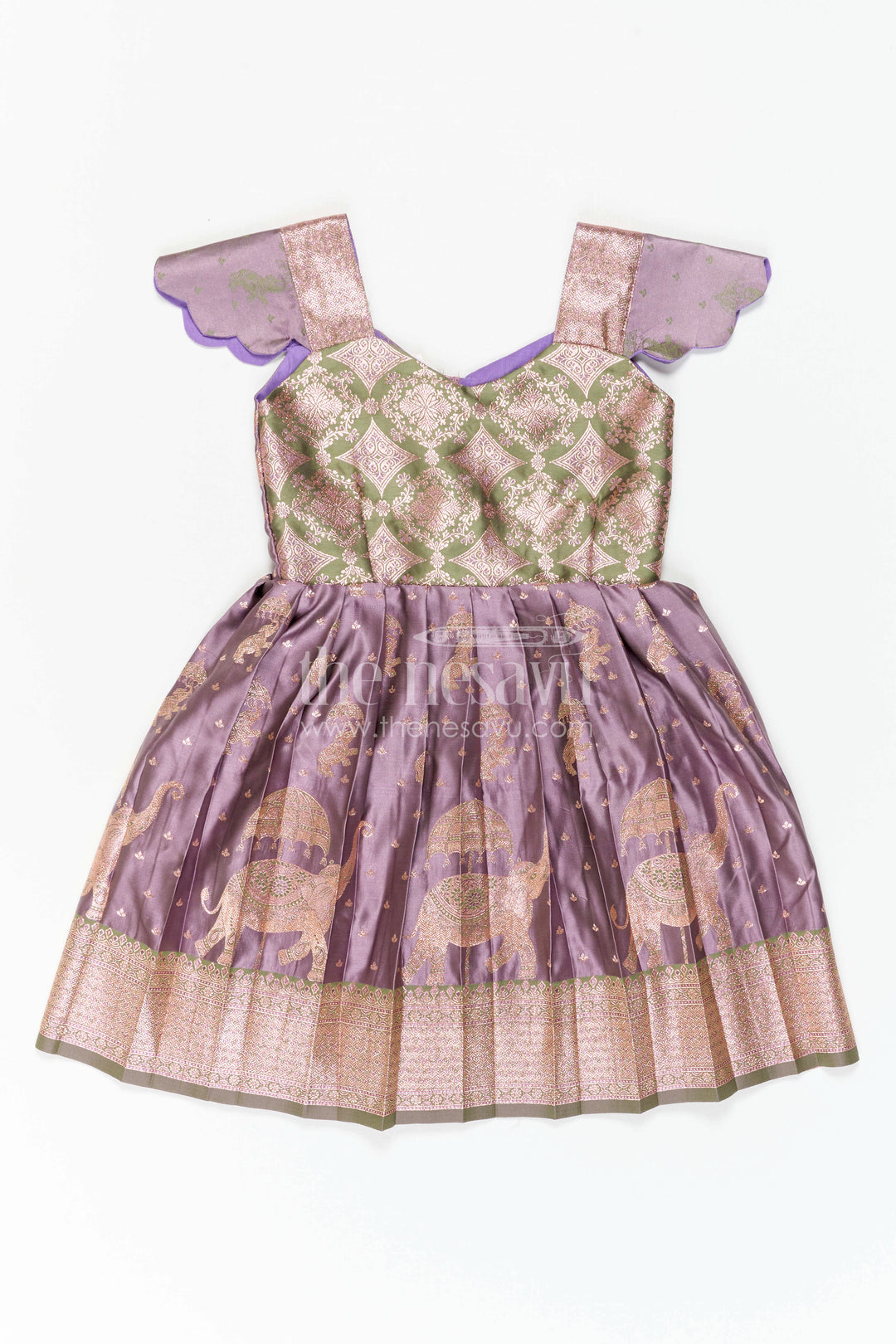 The Nesavu Girls Kanchi Silk Frock Girls Kanchi Silk Frock for Wedding Ceremonies and Festive Portraits Nesavu 24 (5Y) / Purple / Style 1 KSF047AA-24 Nesavu Girls Kanchi Silk Frock With Grand Traditional Border For Weddings And Festive Portraits