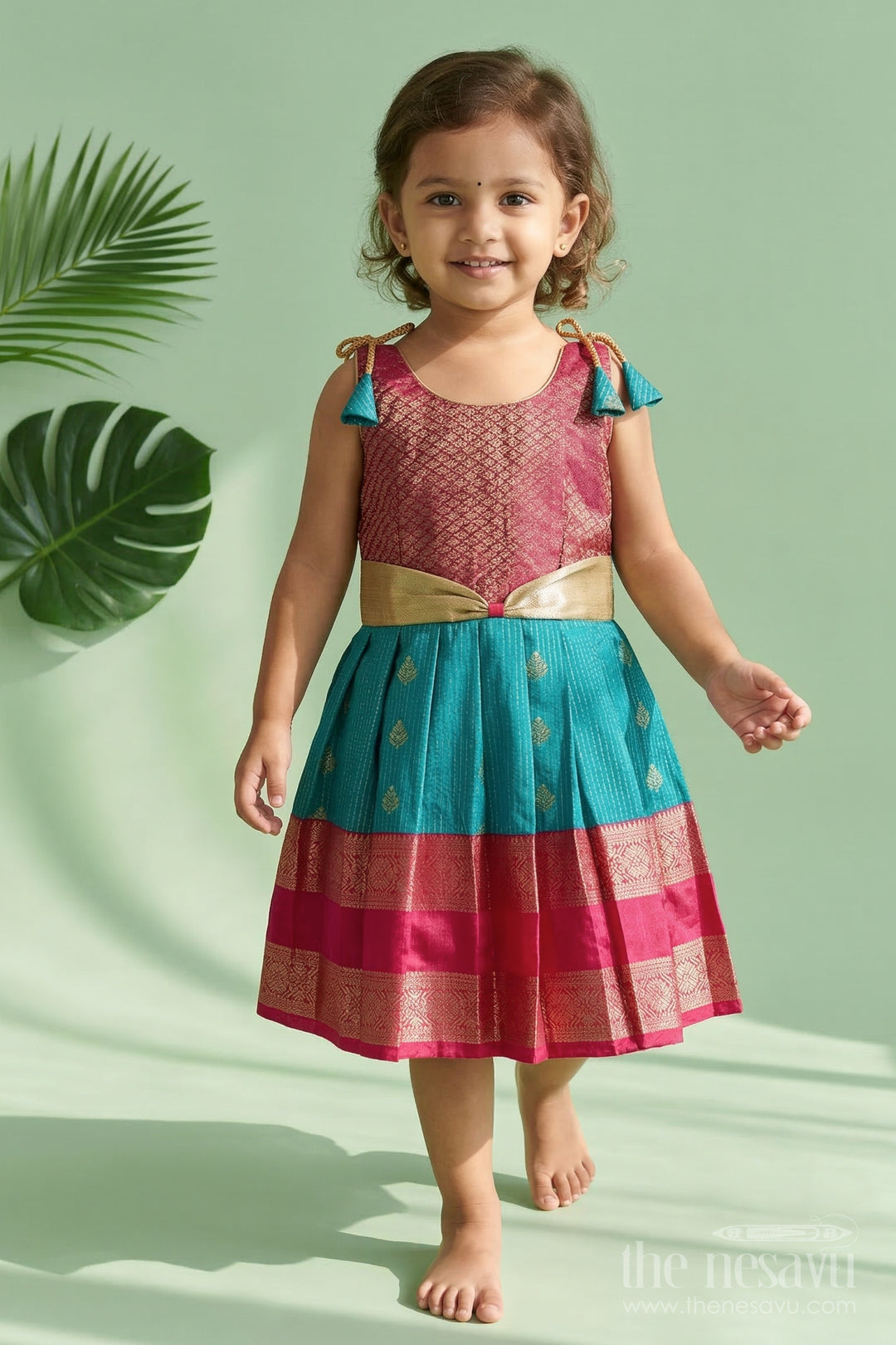 The Nesavu Girls Kanchi Silk Frock Girls Kanchi Silk Frock for Wedding Functions and Festivals Nesavu 10 (NB) / Green / Style 4 KSF022AD-10 Nesavu girls kanchi silk frock for weddings in semi designer bridal kanchivaram style