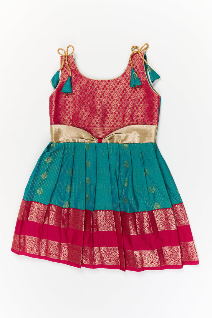 The Nesavu Girls Kanchi Silk Frock Girls Kanchi Silk Frock for Wedding Functions and Festivals Nesavu 20 (3Y) / Green / Style 2 KSF022AB-20 Nesavu girls kanchi silk frock for weddings in semi designer bridal kanchivaram style