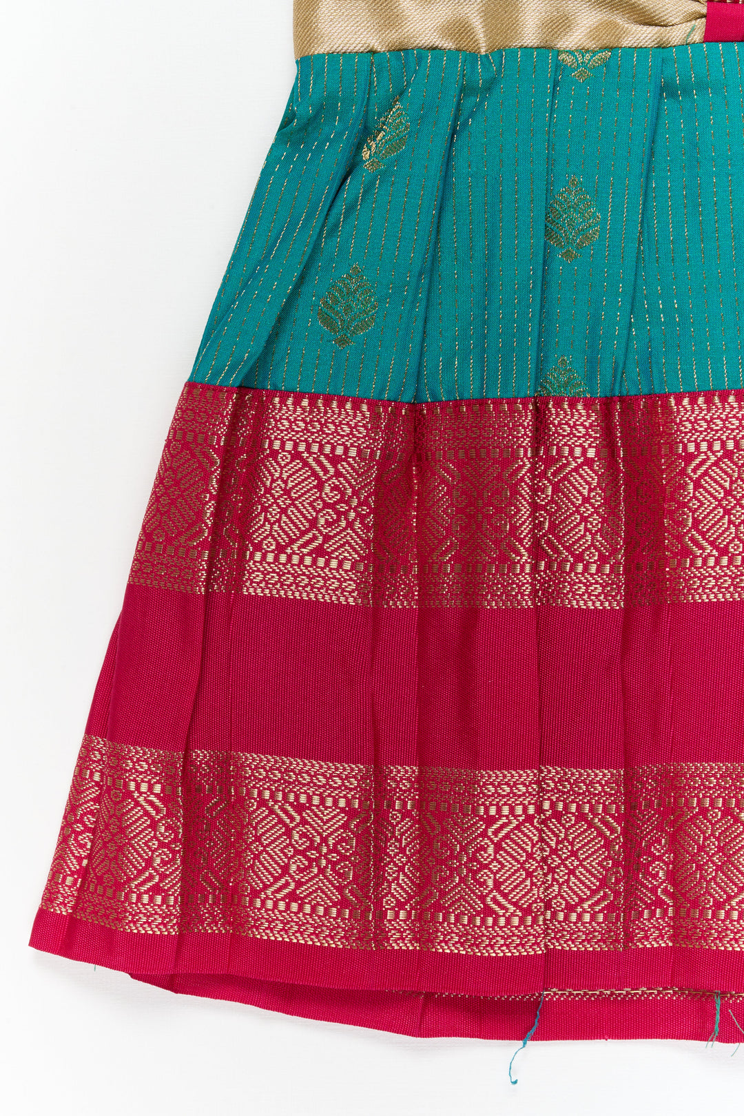 The Nesavu Girls Kanchi Silk Frock Girls Kanchi Silk Frock for Wedding Functions and Festivals Nesavu Nesavu girls kanchi silk frock for weddings in semi designer bridal kanchivaram style