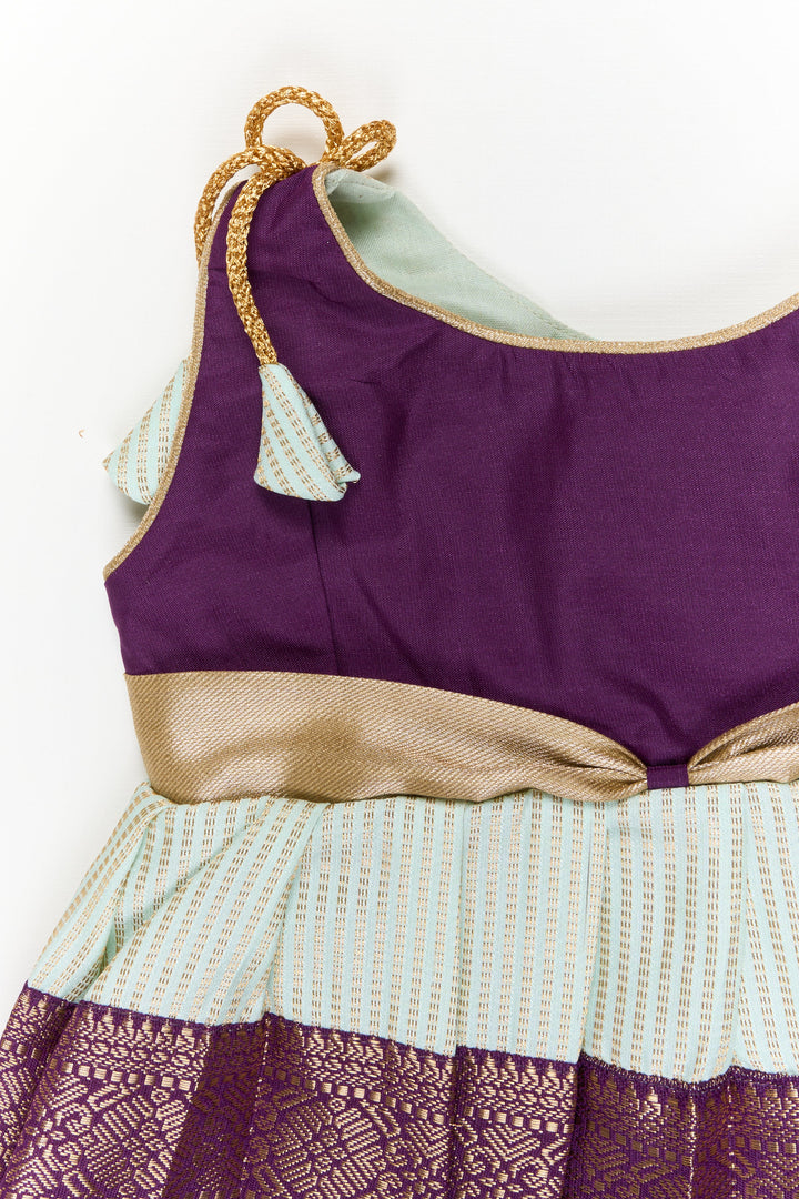 The Nesavu Girls Kanchi Silk Frock Girls Kanchi Silk Frock for Weddings and Cultural Celebrations Nesavu Nesavu girls kanchi silk frock for weddings in semi jacquard kanchivaram saree inspired design