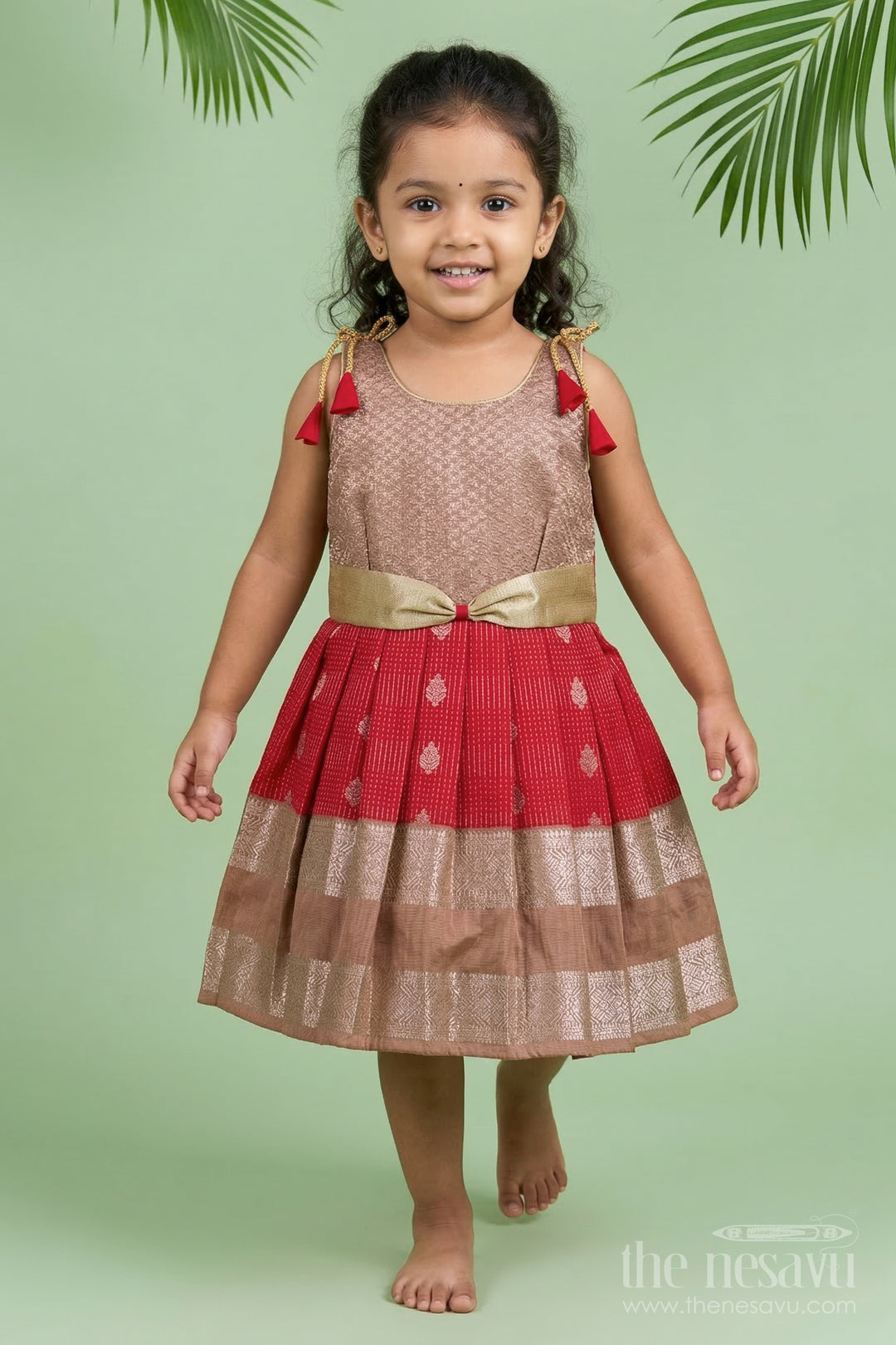 The Nesavu Girls Kanchi Silk Frock Girls Kanchi Silk Frock for Weddings and Festive Gatherings Nesavu 10 (NB) / Red / Style 4 KSF022BD-10 Nesavu girls kanchi silk frock for weddings in semi designer bridal kanchivaram silk style