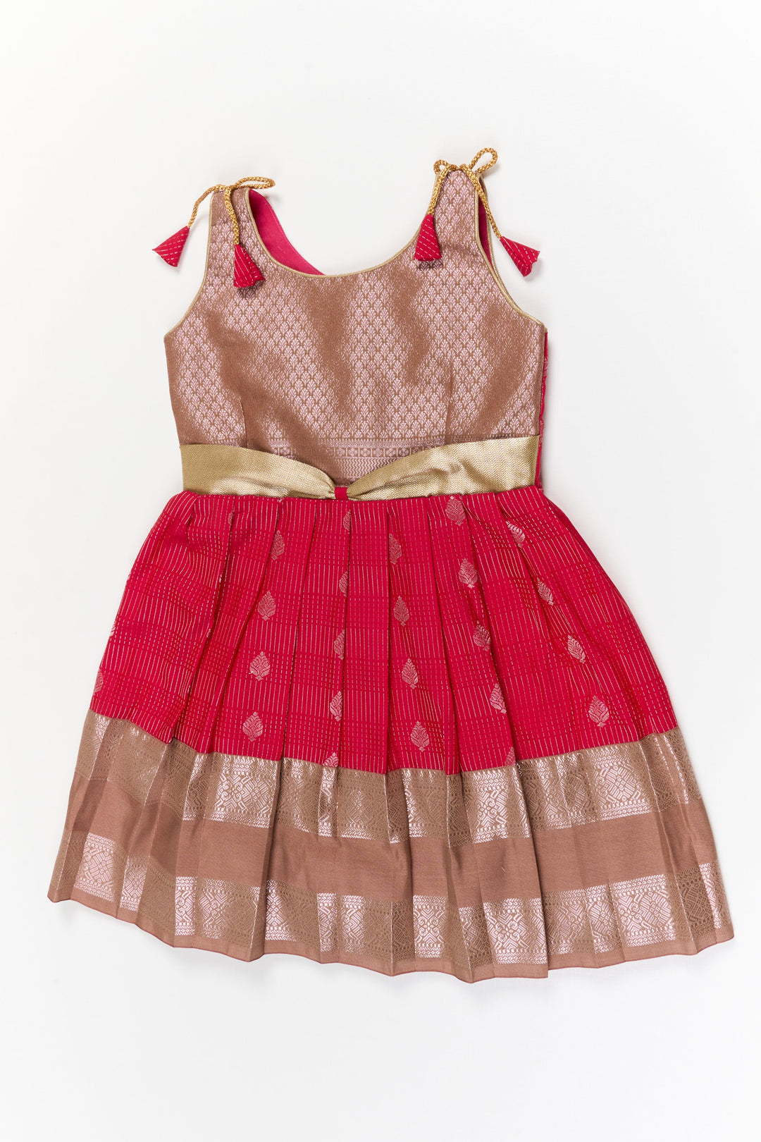 The Nesavu Girls Kanchi Silk Frock Girls Kanchi Silk Frock for Weddings and Festive Gatherings Nesavu 22 (4Y) / Red / Style 2 KSF022BB-22 Nesavu girls kanchi silk frock for weddings in semi designer bridal kanchivaram silk style