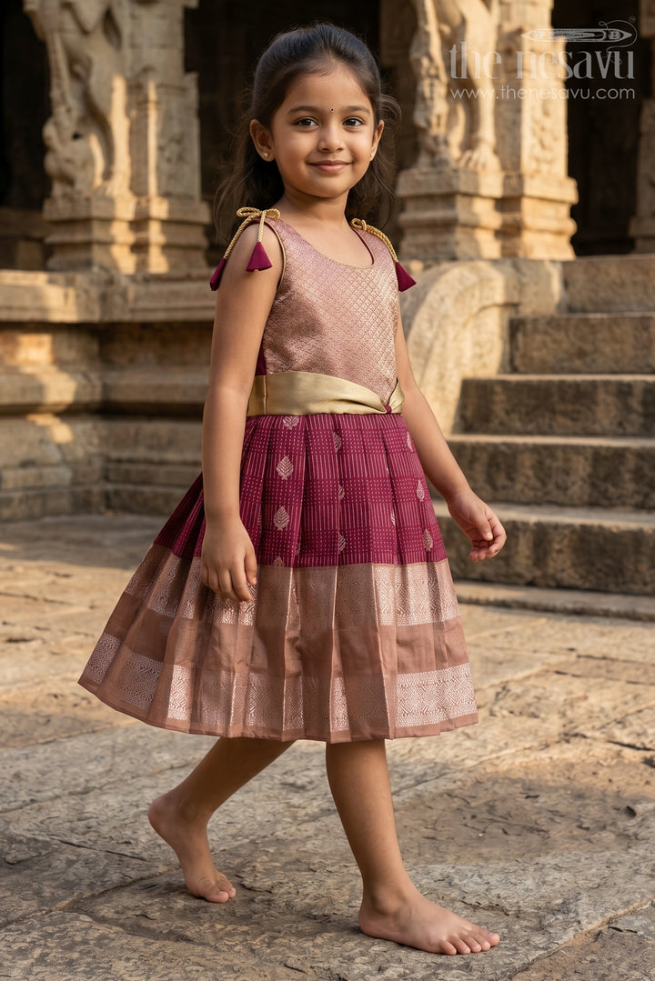 The Nesavu Girls Kanchi Silk Frock Girls Kanchi Silk Frock for Weddings and Festive Occasions Nesavu Nesavu girls kanchi silk frock for weddings in semi bridal kanchivaram silk inspired design