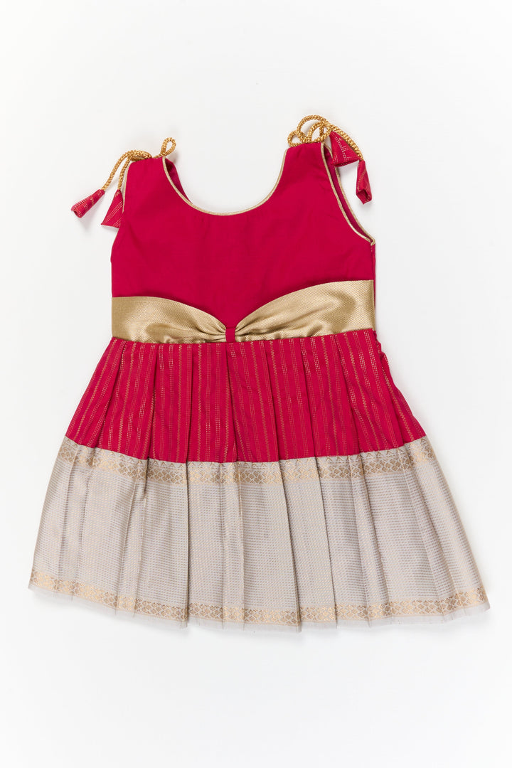 The Nesavu Girls Kanchi Silk Frock Girls Kanchi Silk Frock for Weddings and Temple Ceremonies Nesavu 14 (6M) / Red / Style 3 KSF024AC-14 Nesavu girls kanchi silk frock for weddings in semi arani pure silk saree inspired design