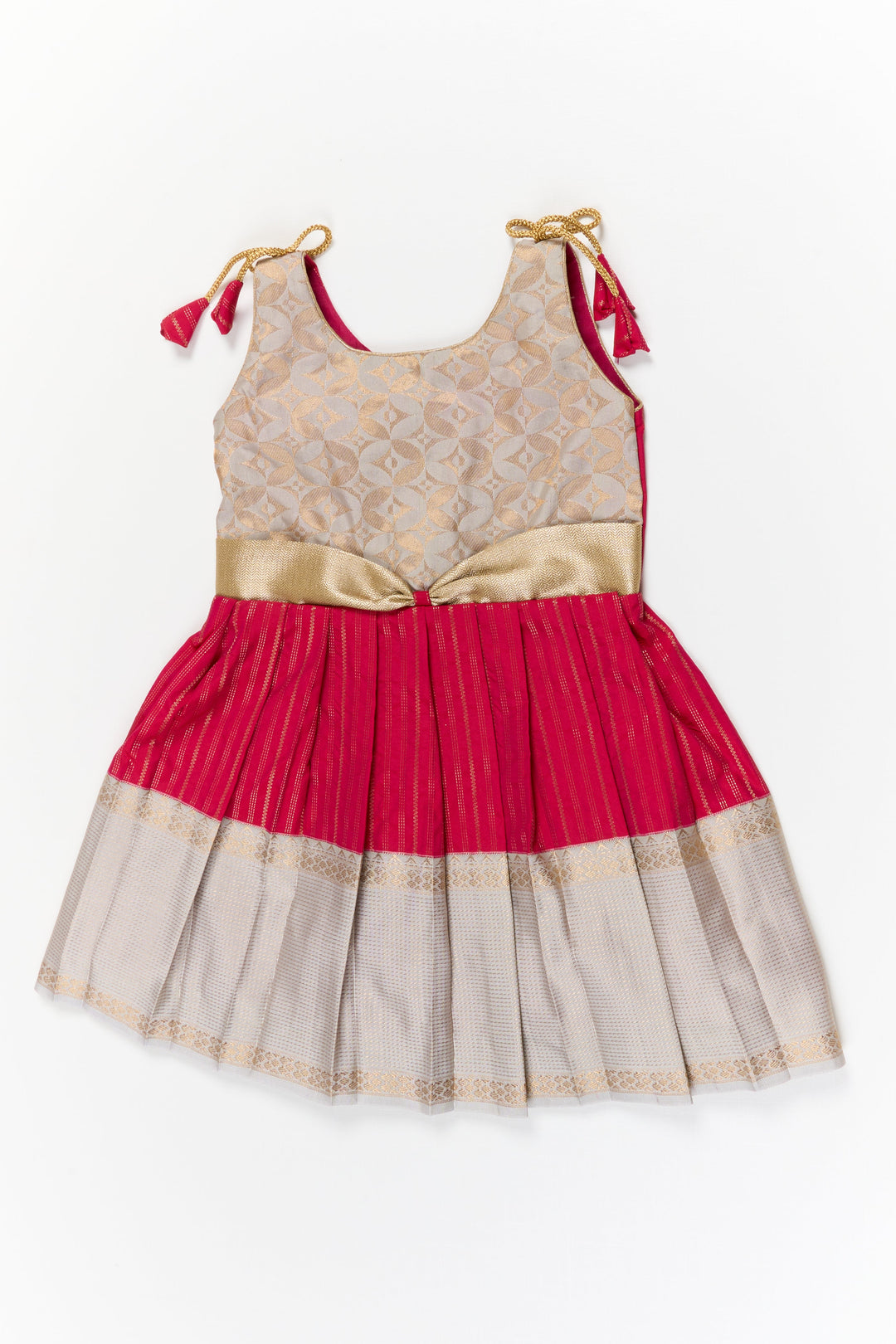 The Nesavu Girls Kanchi Silk Frock Girls Kanchi Silk Frock for Weddings and Temple Ceremonies Nesavu 18 (2Y) / Red / Style 1 KSF024AA-18 Nesavu girls kanchi silk frock for weddings in semi arani pure silk saree inspired design