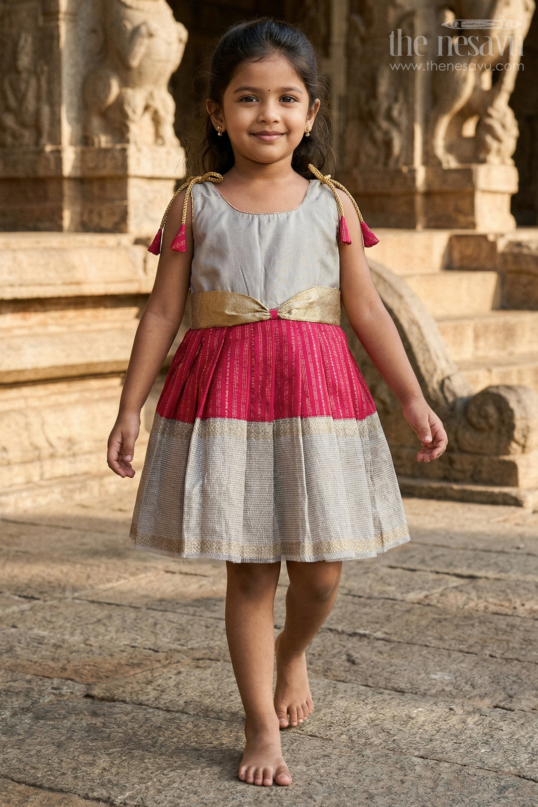 The Nesavu Girls Kanchi Silk Frock Girls Kanchi Silk Frock for Weddings and Temple Ceremonies Nesavu Nesavu girls kanchi silk frock for weddings in semi arani pure silk saree inspired design