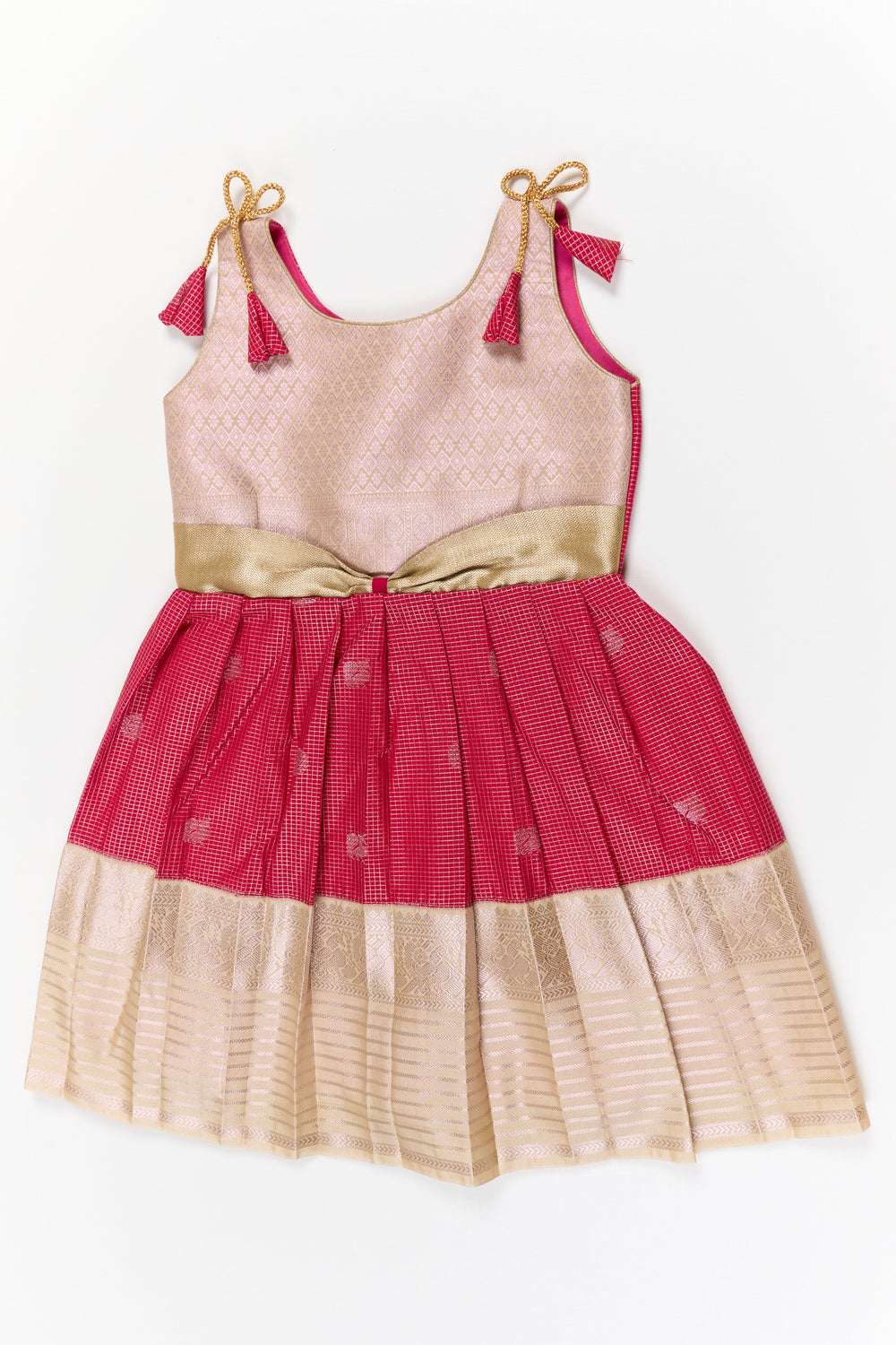 The Nesavu Girls Kanchi Silk Frock Girls Kanchi Silk Frock for Weddings and Temple Functions Nesavu 22 (4Y) / Red / Style 2 KSF005CB-22 Nesavu girls kanchi silk frock for weddings and temple functions in traditional kanchivaram style