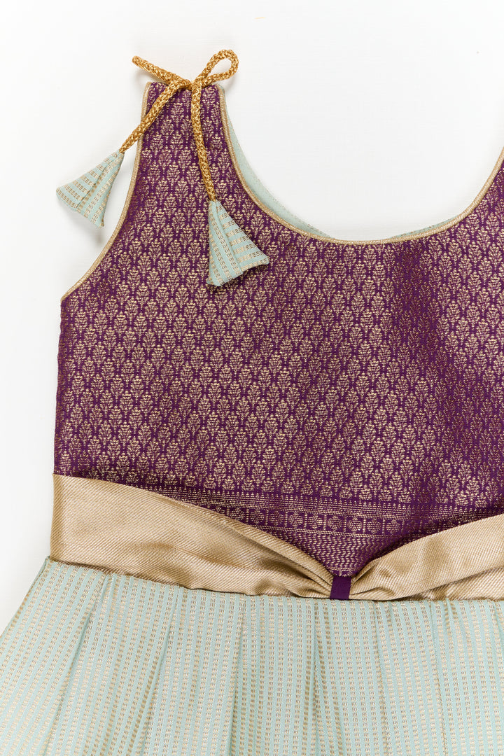 The Nesavu Girls Kanchi Silk Frock Girls Kanchi Silk Frock for Weddings and Traditional Events Nesavu Nesavu girls kanchi silk frock for weddings in semi jacquard kanchivaram silk inspired design