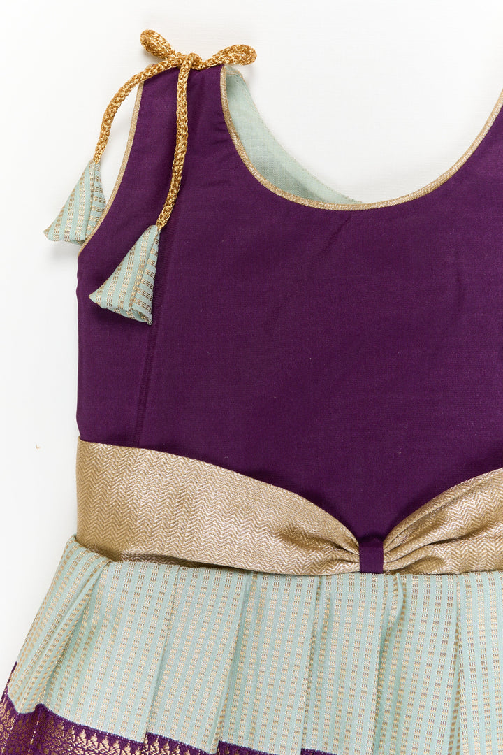 The Nesavu Girls Kanchi Silk Frock Girls Kanchi Silk Frock for Weddings and Traditional Events Nesavu Nesavu girls kanchi silk frock for weddings in semi jacquard kanchivaram silk inspired design