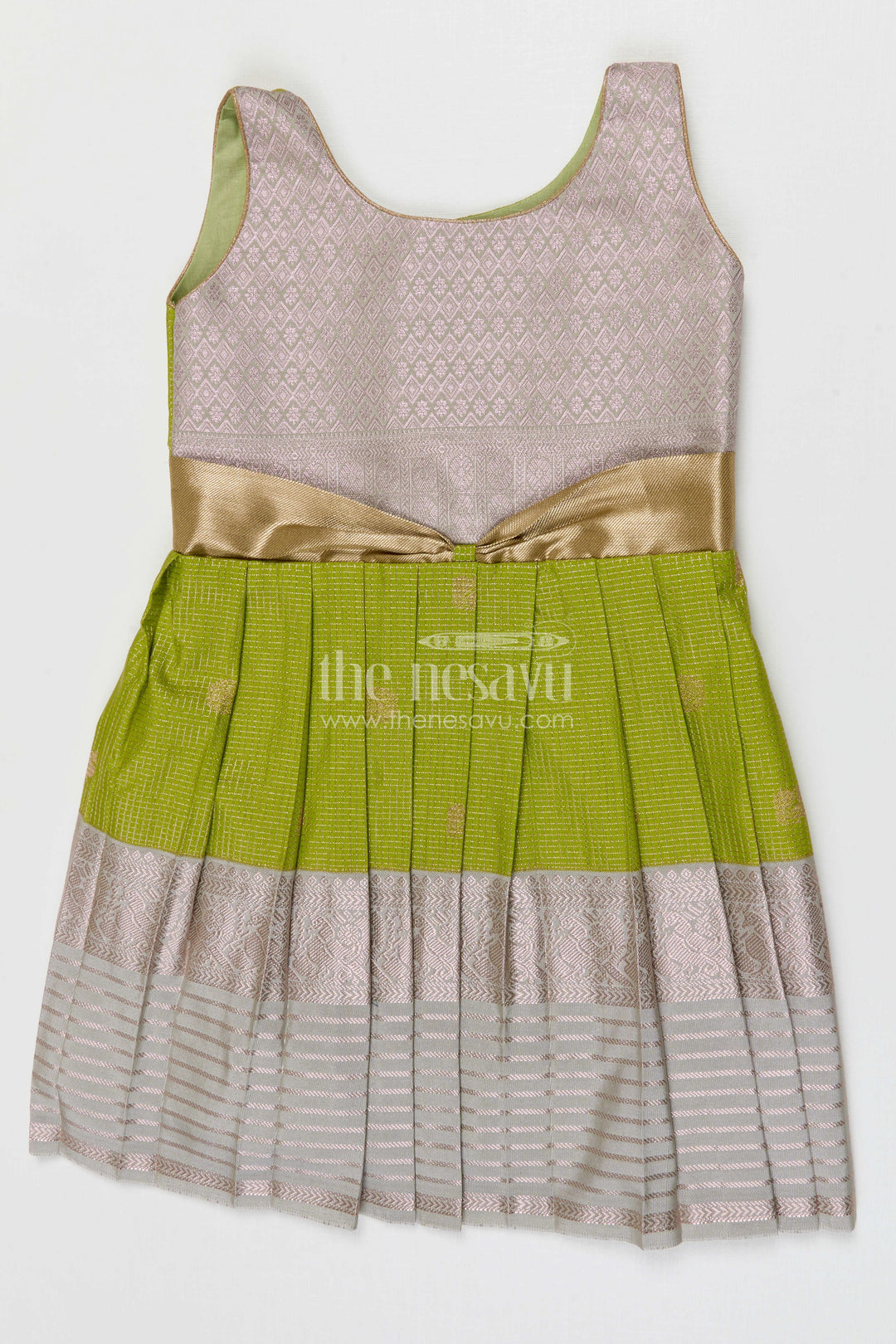The Nesavu Girls Kanchi Silk Frock Girls Kanchi Silk Frock for Weddings Nesavu 10 (NB) / Green / Style 2 KSF005DB-10 Nesavu Girls Semi Pure Kanchivaram Silk Frock Saree Inspired Design For Weddings And Festive Events