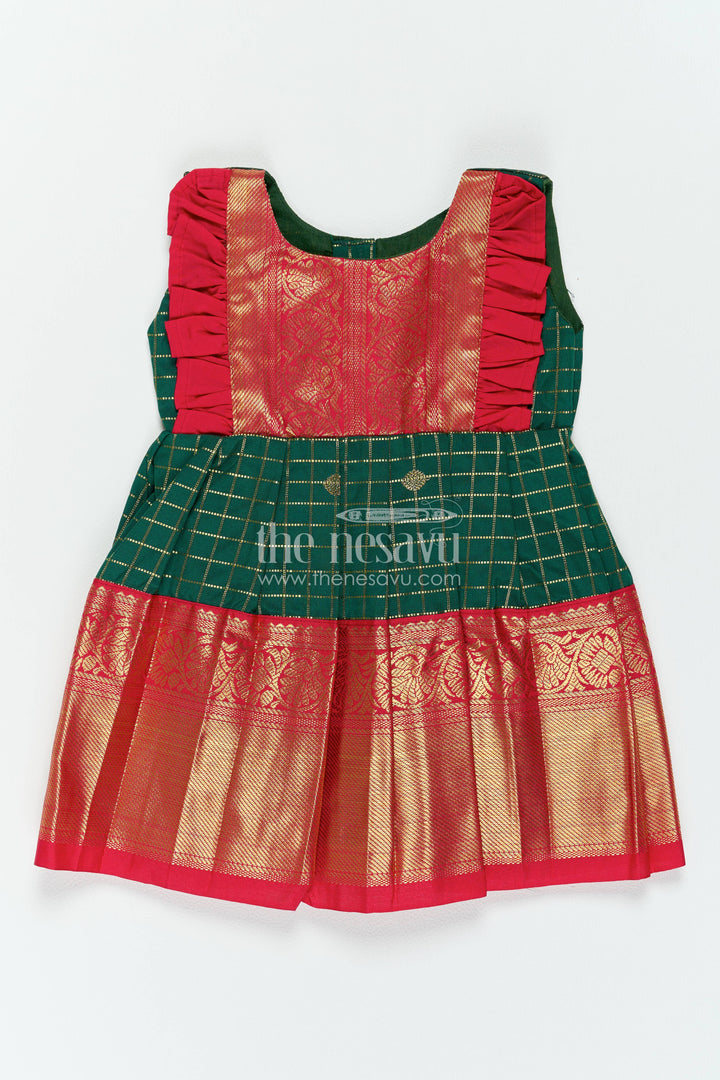 The Nesavu Girls Kanchi Silk Frock Girls Kanchi Silk Frock in Green for Portrait Days Nesavu 10 (NB) / Green / Style 2 KSF099CB-10 Nesavu Girls Kanchi Silk Frock In Green With Woven For Portrait Days KSF099CB-10
