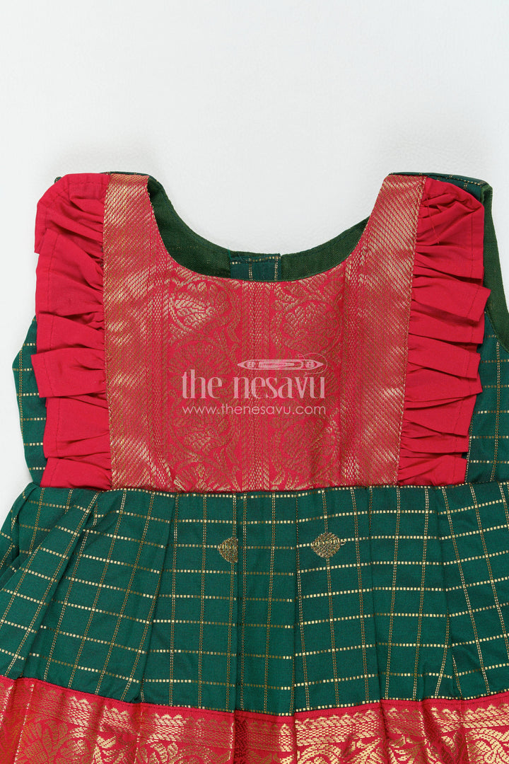 The Nesavu Girls Kanchi Silk Frock Girls Kanchi Silk Frock in Green for Portrait Days Nesavu Nesavu Girls Kanchi Silk Frock In Green With Woven For Portrait Days