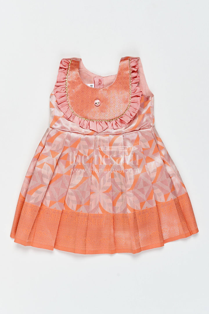 The Nesavu Girls Kanchi Silk Frock Girls Kanchi Silk Frock in Peach with Woven Texture Nesavu 14 (6M) / Peach / Style 2 KSF081CB-14 Nesavu Girls Kanchi Silk Frock With Woven Texture For Weddings KSF081CB-14