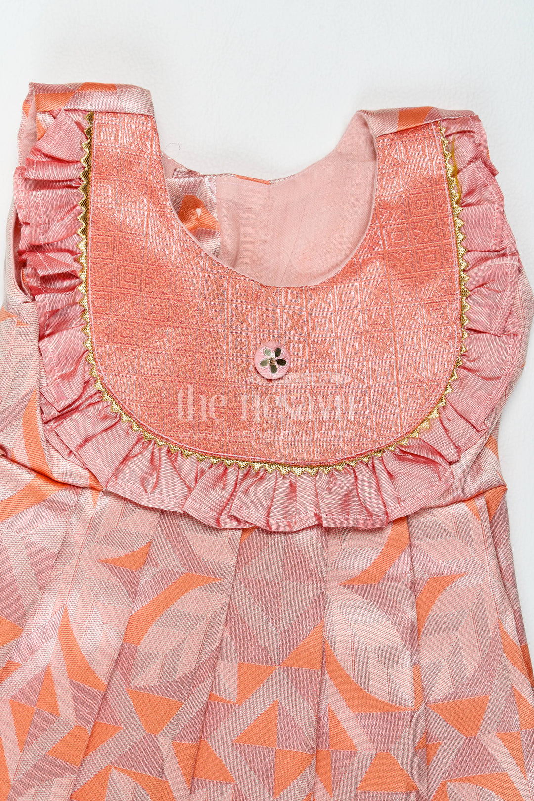 The Nesavu Girls Kanchi Silk Frock Girls Kanchi Silk Frock in Peach with Woven Texture Nesavu Nesavu Girls Kanchi Silk Frock With Woven Texture For Weddings